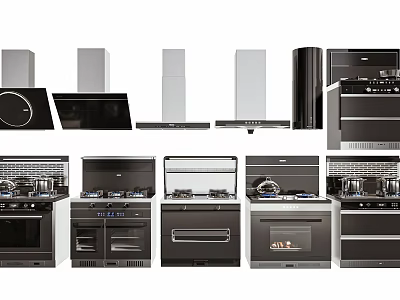 Modern Stainless Steel Kitchen Appliances Featuring Range Hoods Gas Stoves And Ovens 3d model