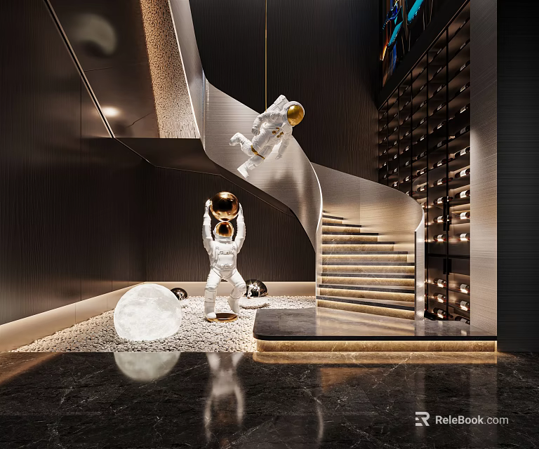 Modern Interior With Spiral Staircase Astronaut Figures Moon Model And Wine Rack 3d model 