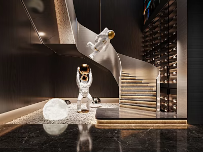 Modern Interior With Spiral Staircase Astronaut Figures Moon Model And Wine Rack 3d model