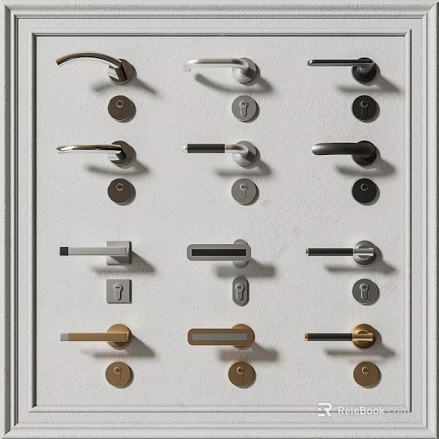 Various Metal Door Handles With Different Designs On White Display Panel 3d model 