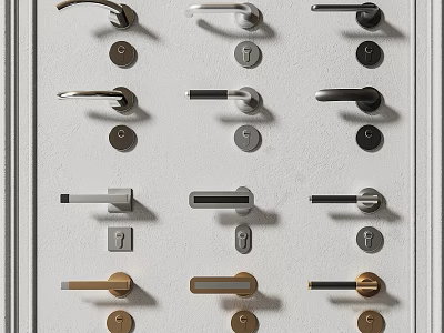 Various Metal Door Handles With Different Designs On White Display Panel 3d model