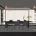 Minimalist Modern Restaurant Interior With Black Dining Table Chairs White Cabinets Striped Carpet And Fireplace