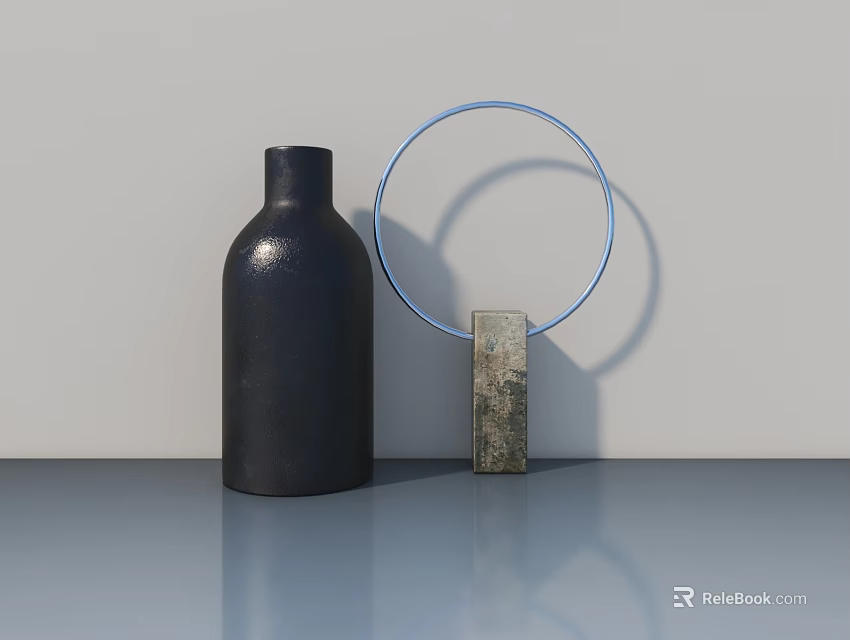 Modern Sculpture Carving Display With Black Bottle Blue Ring And Rectangular Block On Gray Surface 3d model
