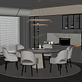 Modern Restaurant Interior With Round Dining Table Chairs Chandelier Grey Cabinets And Natural Light
