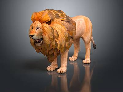 3D Rendered Lion With Fluffy Orange Brown Mane Standing On Shiny Surface 3d model