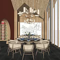 Private Dining Room Featuring Wooden Ceiling Chandelier Round Table Arched Wine Rack Red Wall Large Windows