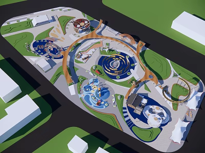 Outdoor Children's Playground With Circular Play Features Colorful Design And Green Areas 3d model