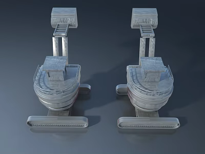 Symmetrical Metallic Landscape Sculpture With Boat Shaped Base Vertical Pillars And Top Platform 3d model