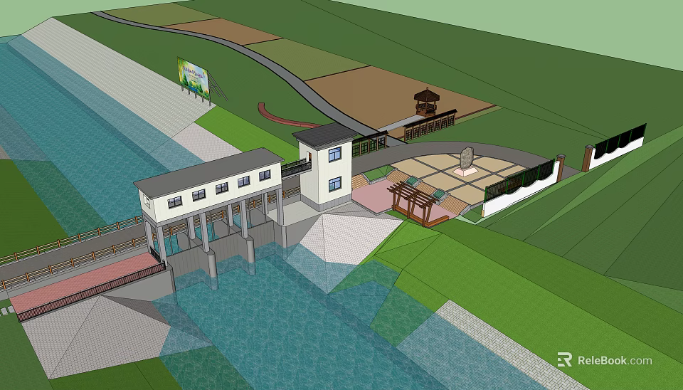 Water Conservancy Project Landscape With Main Structure Water Area Green Land Path Pavilion And Plaza 3d model 
