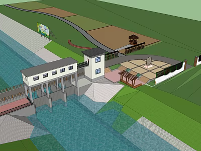Water Conservancy Project Landscape With Main Structure Water Area Green Land Path Pavilion And Plaza 3d model