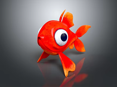 Cartoon Red Goldfish Character with Big Eyes Orange Fins Tail 3D Model on Gray Surface 3d model