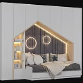 Gabled Headboard Kids Bed with LED Lighting Dark Backdrop Circular Lights Side Shelves and Star Pillows