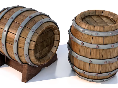 Wooden Barrels With Metal Hoops And Stands For Storage Or Decoration 3d model