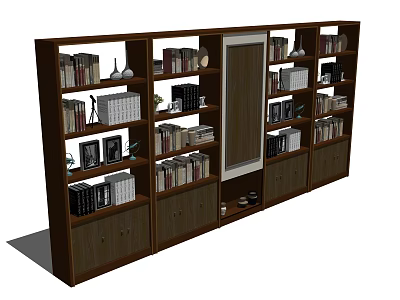 Wooden Bookcase With Multiple Shelves Storage Cabinets Drawers Books Decorative Mirror 3d model