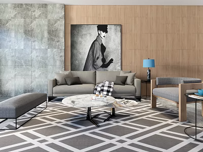 Modern Sofa Coffee Table Set With Geometric Rug Wooden Stone Wall And Black White Artwork 3d model