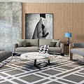 Modern Sofa Coffee Table Set With Geometric Rug Wooden Stone Wall And Black White Artwork
