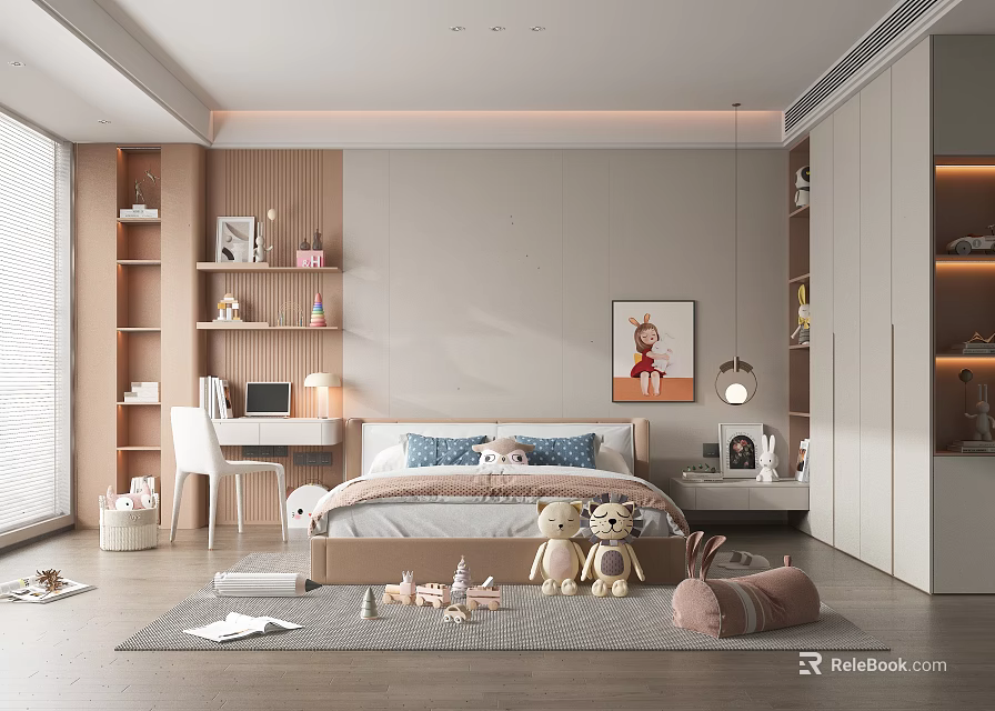Kids Room Interior With Bed Teddy Bears Desk Bookshelves Wardrobe Rug And Wall Art 3d model 