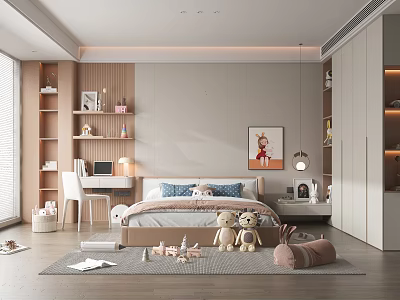 Kids Room Interior With Bed Teddy Bears Desk Bookshelves Wardrobe Rug And Wall Art 3d model