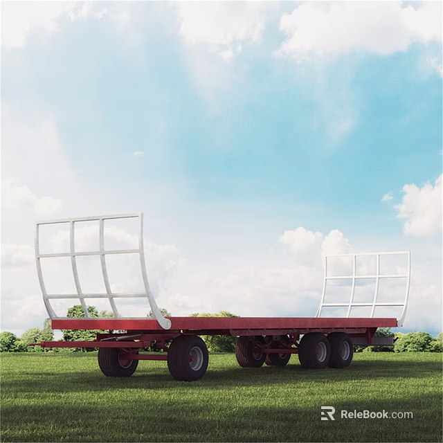 Industrial Red Flatbed Trailer With White Frame Structure On Green Grass And Blue Sky 3d model 