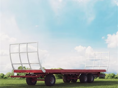 Industrial Red Flatbed Trailer With White Frame Structure On Green Grass And Blue Sky 3d model