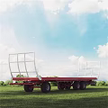 Industrial Red Flatbed Trailer With White Frame Structure On Green Grass And Blue Sky