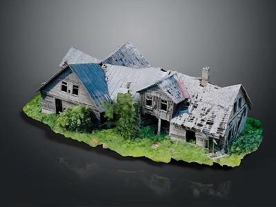 Cartoon Scene Old Wooden House With Gray Roof Broken Windows And Green Plants 3d model