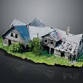 Cartoon Scene Old Wooden House With Gray Roof Broken Windows And Green Plants