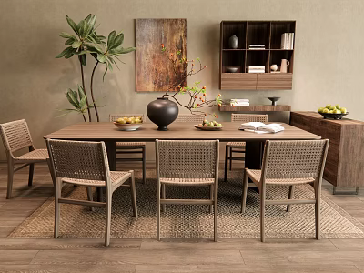 Wooden Dining Table Set With Wicker Back Chairs Black Vase Fruits And Potted Plant 3d model