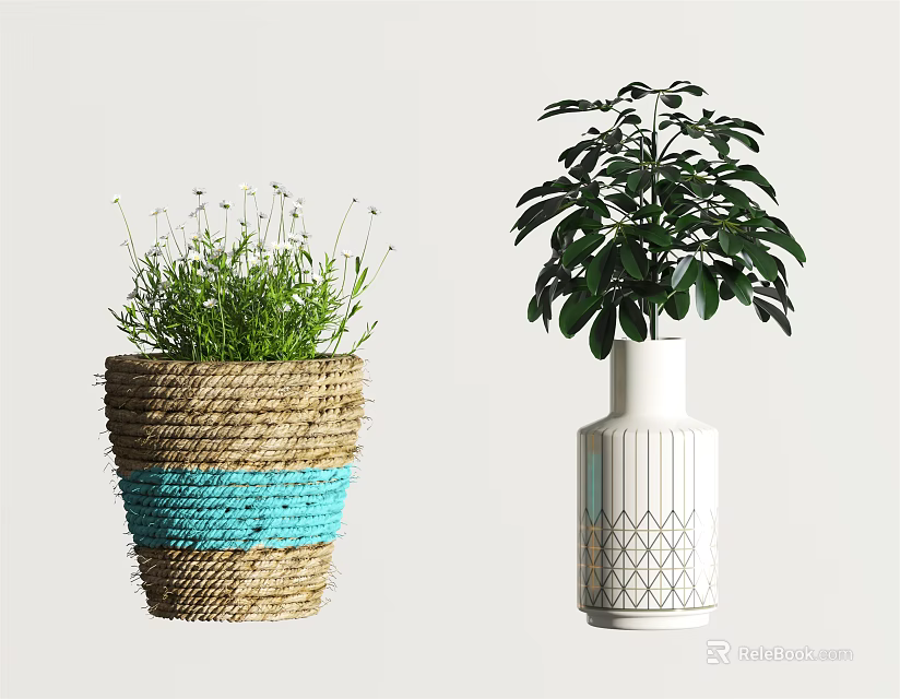 Woven And Ceramic Vases With Blue Stripe Geometric Pattern Green Plants White Flowers 3d model 