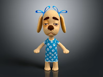 Cartoon Yellow Puppy with Blue Bows Blue Dress White Paw Prints Sad Expression Gray Background 3d model