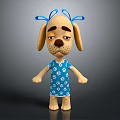 Cartoon Yellow Puppy with Blue Bows Blue Dress White Paw Prints Sad Expression Gray Background
