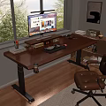 Modern Wooden Computer Desk With Monitor Stand Books Pen Holder Coffee Cup And Leather Chair
