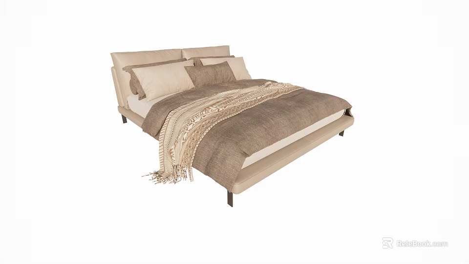 Modern Beige Upholstered Double Bed with Soft Bedding Pillows and Fringed Throw Blanket 3d model