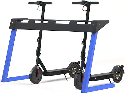Two Black Electric Scooters Placed On Blue Storage Stand For 3d model