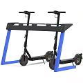 Two Black Electric Scooters Placed On Blue Storage Stand For
