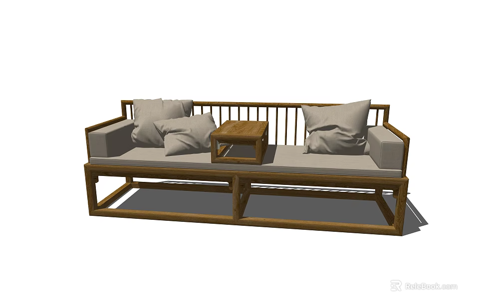 Traditional Chinese Daybed With Wooden Frame Light Cushions And Small Table 3d model 