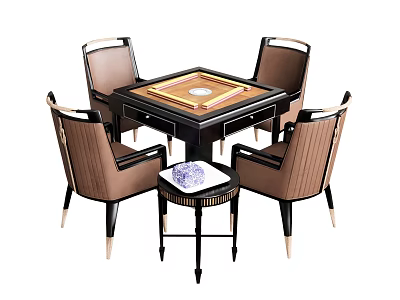 Modern Square Entertainment Table with Black Tabletop Wooden Center and Four Surrounding Brown Black Chairs 3d model