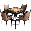 Modern Square Entertainment Table with Black Tabletop Wooden Center and Four Surrounding Brown Black Chairs