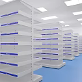 Spacious Interior With Neatly Arranged White Shelves Blue Lines And Blue Floor