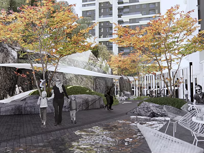 Modern Commercial Landscape with Autumn Trees Pedestrian Walkway and Recreational Seating Near High Rise Buildings 3d model