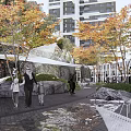 Modern Commercial Landscape with Autumn Trees Pedestrian Walkway and Recreational Seating Near High Rise Buildings