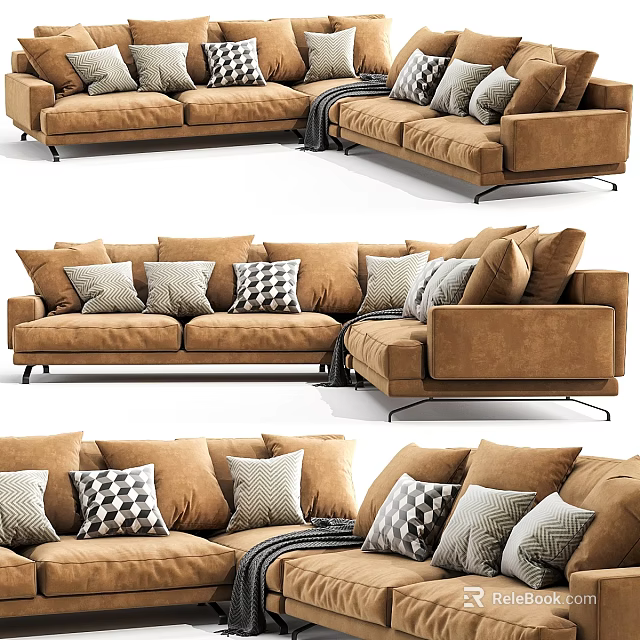 Modern Brown Double Sofa With Plush Cushions And Patterned Decorative Pillows 3d model
