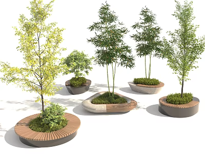 Various Shapes Tree Planters Design With Wooden And Stone Materials And Green Trees 3d model