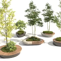 Various Shapes Tree Planters Design With Wooden And Stone Materials And Green Trees