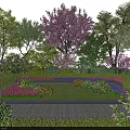 Vibrant Garden Landscape With Colorful Flowers Green Plants And Pink Blossom Tree Along Stone Path
