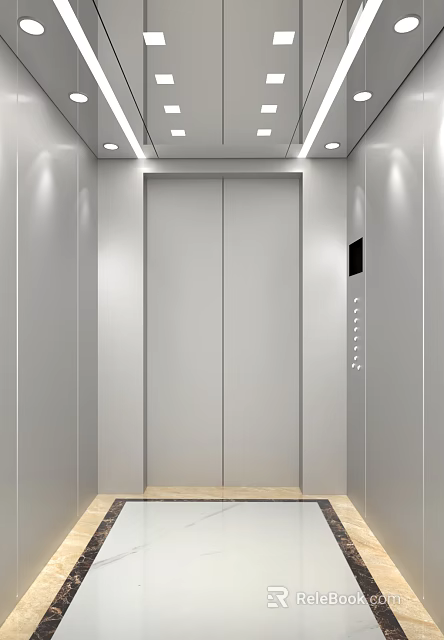 Elevator Hallway Modern Interior Design With White Doors Control Panel And Recessed Lighting 3d model