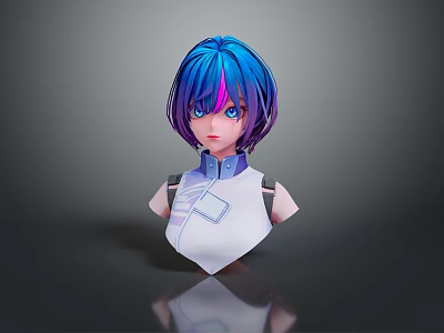 Game Movie Character With Blue Purple Gradient Hair Blue Eyes And White Top Collar Design 3d model