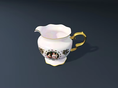 White Ceramic Pitcher With Gold Handle Rim And Figural Portrait Design 3d model