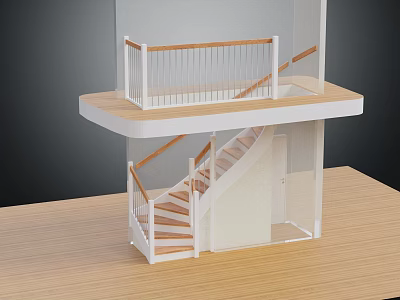 Staircase With Wooden Steps White Railing And Upper Landing Platform 3d model