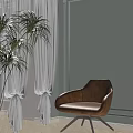 Modern Brown Leather Leisure Chair With Curved Armrests Metal Base White Curtains And Green Plant